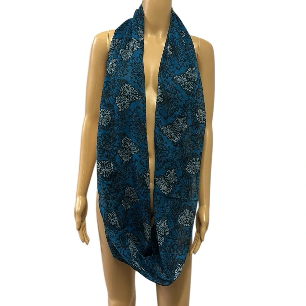 Chatties Blue Black Floral Semi Sheer Infinity Scarf 25 inches long